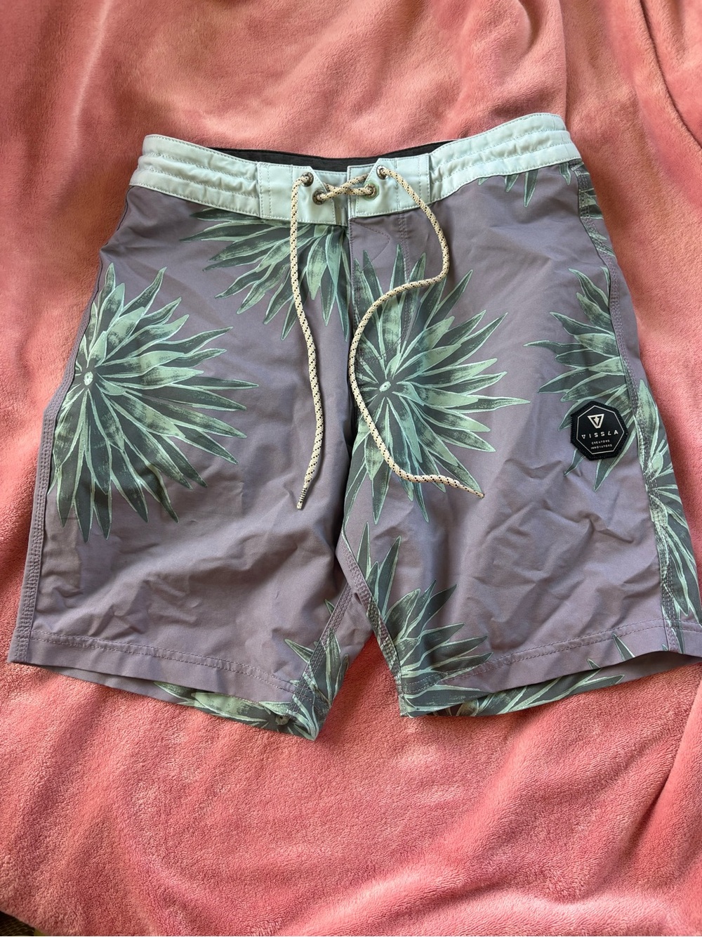 VISSLA Gray Boardshorts with Green Leaf Print